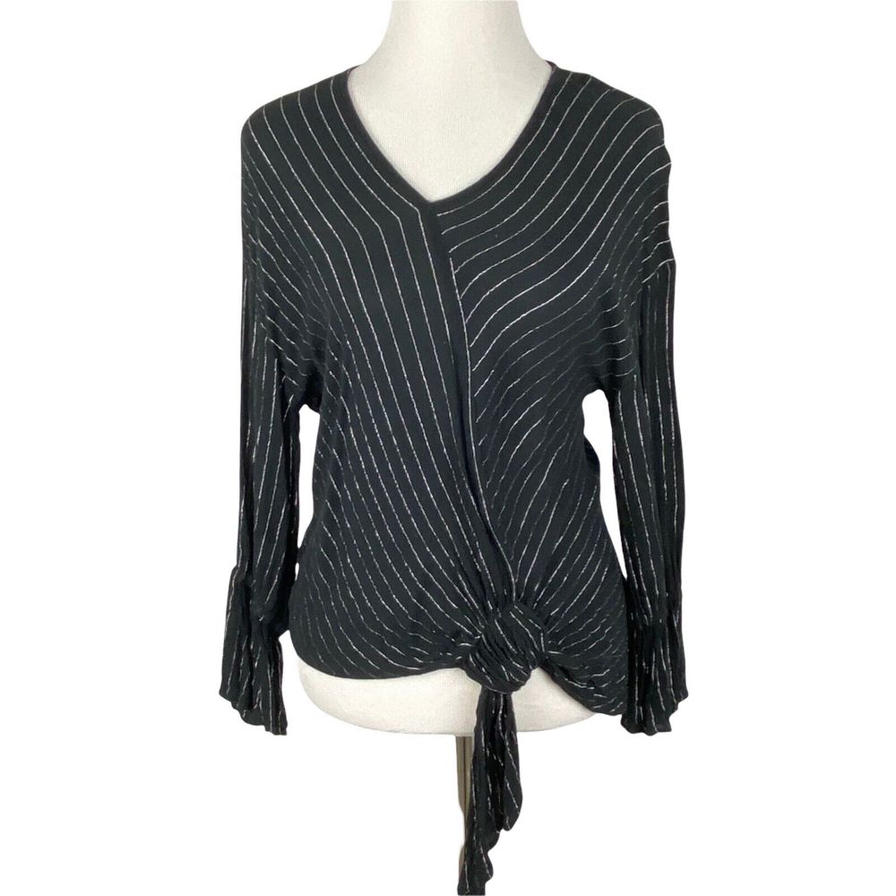 Juicy Couture Top Womens XS Black Silver V-Neck Blouse Striped Bell Sleeve